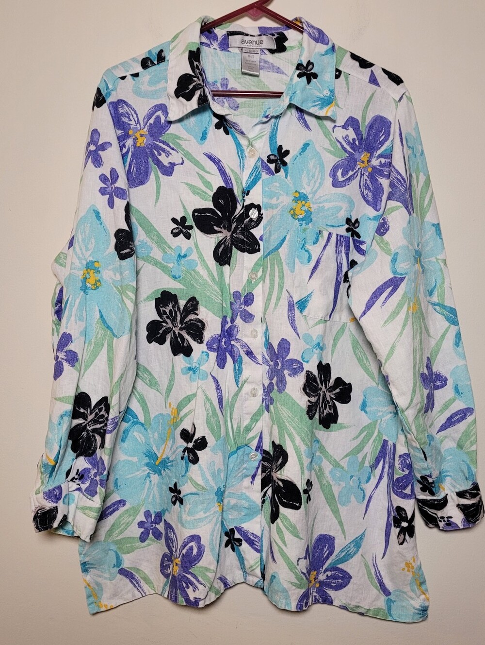 Women Button Shirt Plus Size 18/20 Linen Floral Brach Avenue By Jessica London